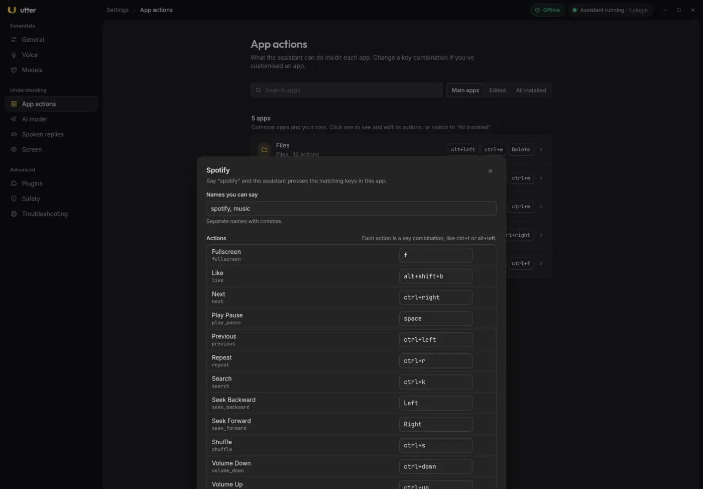 Editing an app's actions: names you can say, actions with their keys, search address