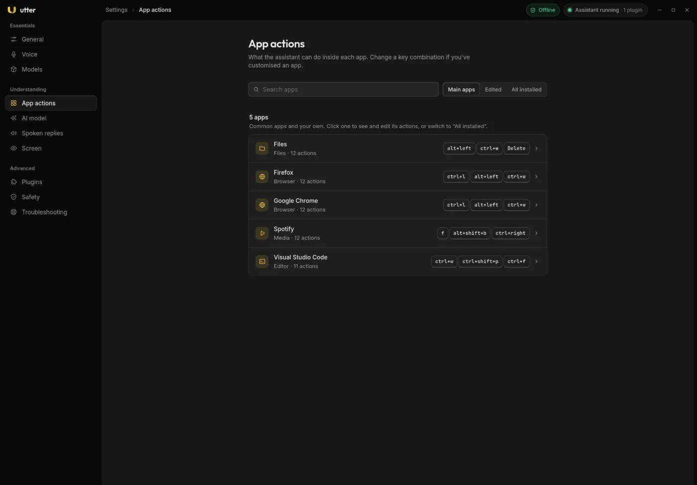 The App actions page listing apps and their action counts