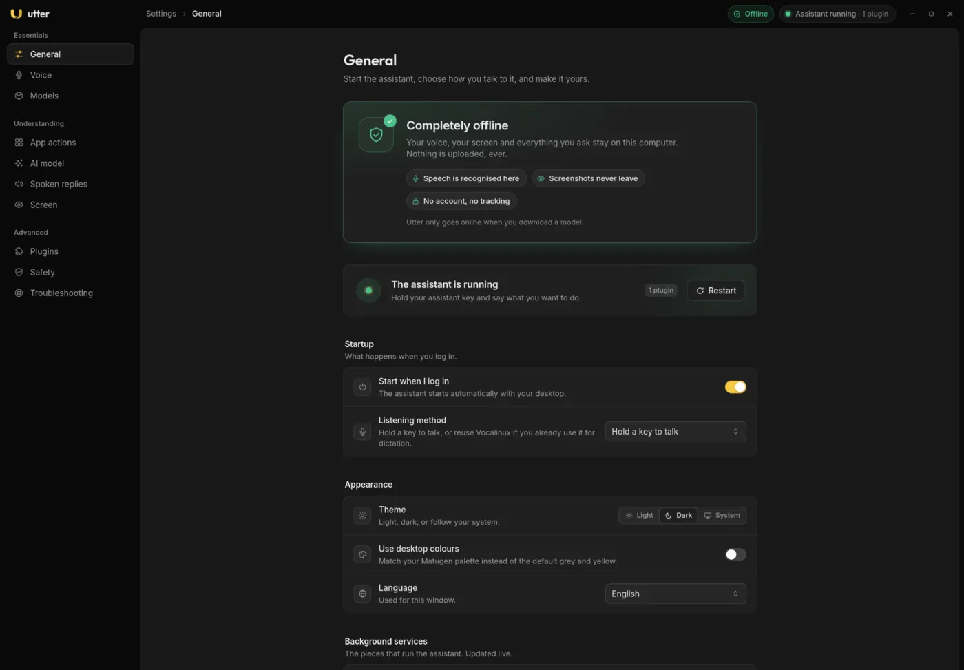 The Utter settings app, General page, dark theme