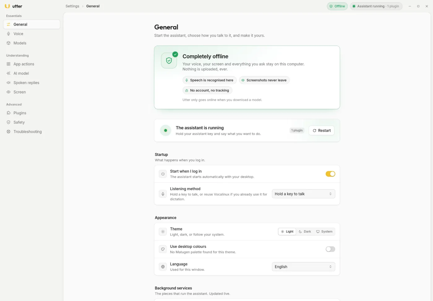 The Utter settings app, General page, light theme